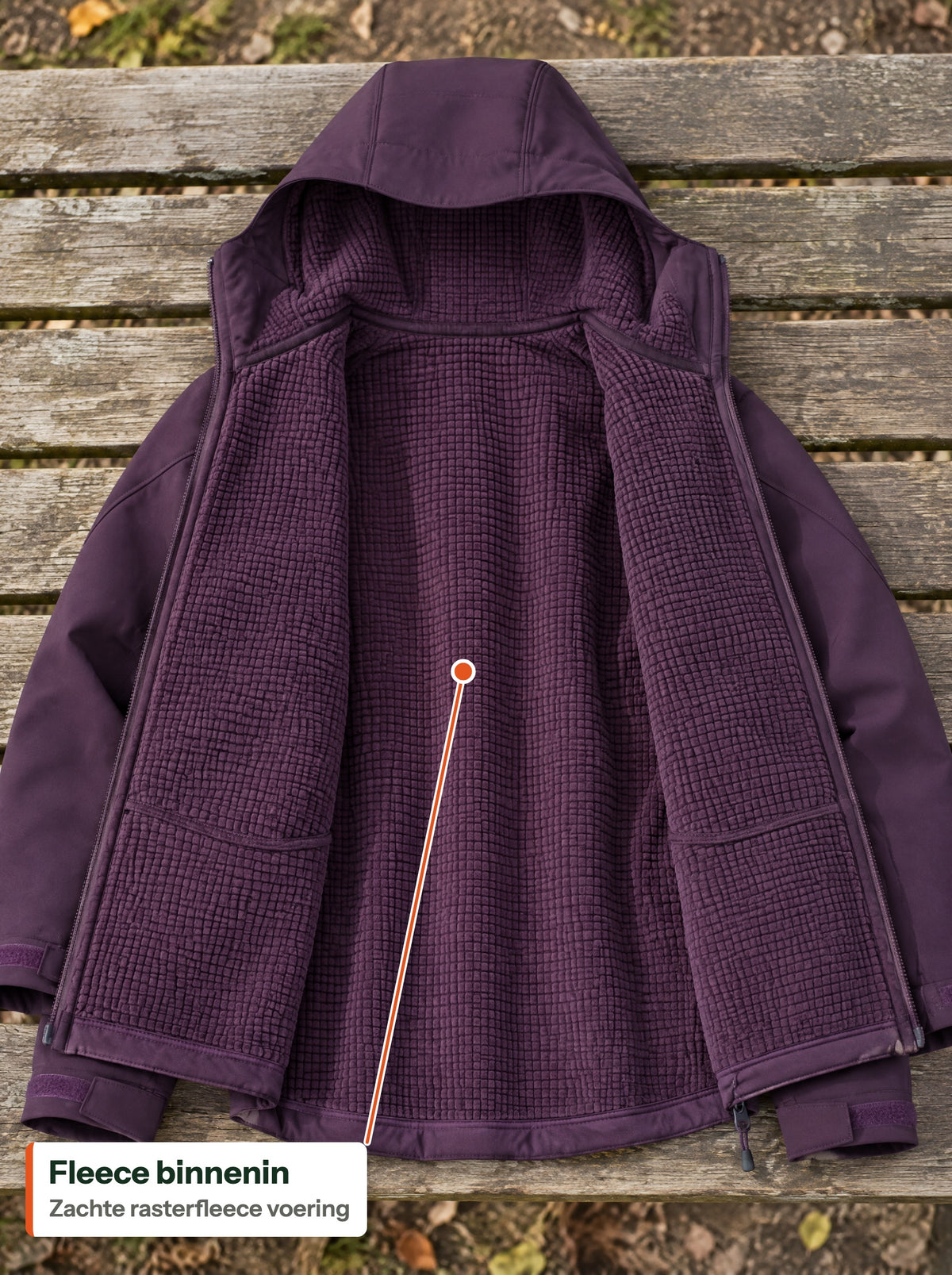 Rasterfleece voering in de open jas (NL label)