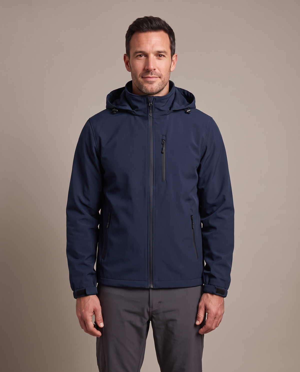 Die Everyday Shell in tiefem Marineblau, mit Reißverschluss und angebrachter Kapuze