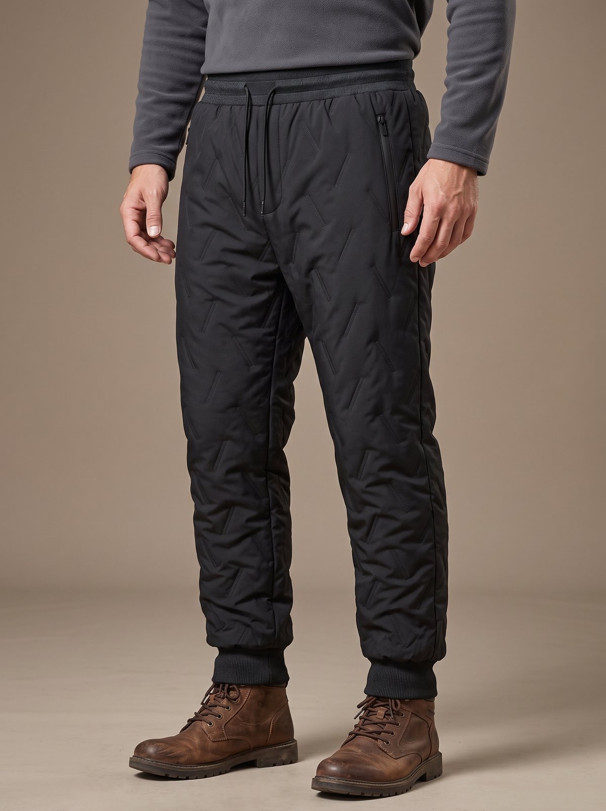 Man wearing the black wave-quilted sherpa-lined trouser with drawcord waist, zip side pocket and ribbed ankle cuffs over brown walking boots, waist to shoes