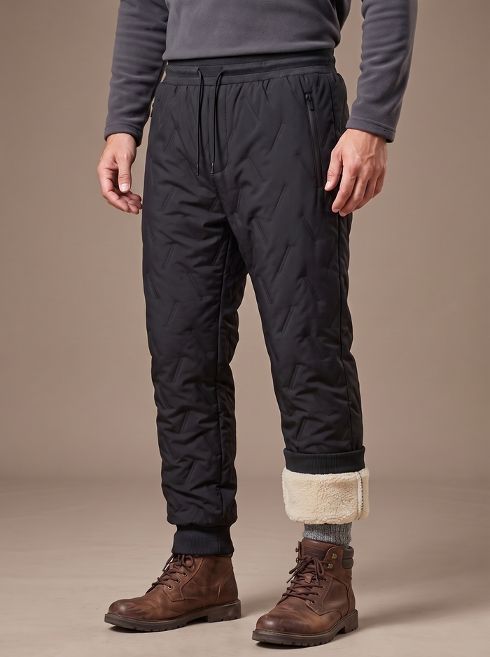 Black wave-quilted trouser with drawcord waist, one leg turned up to show the thick cream sherpa lining, the other with its ribbed cuff closed over a brown walking boot, waist to shoes