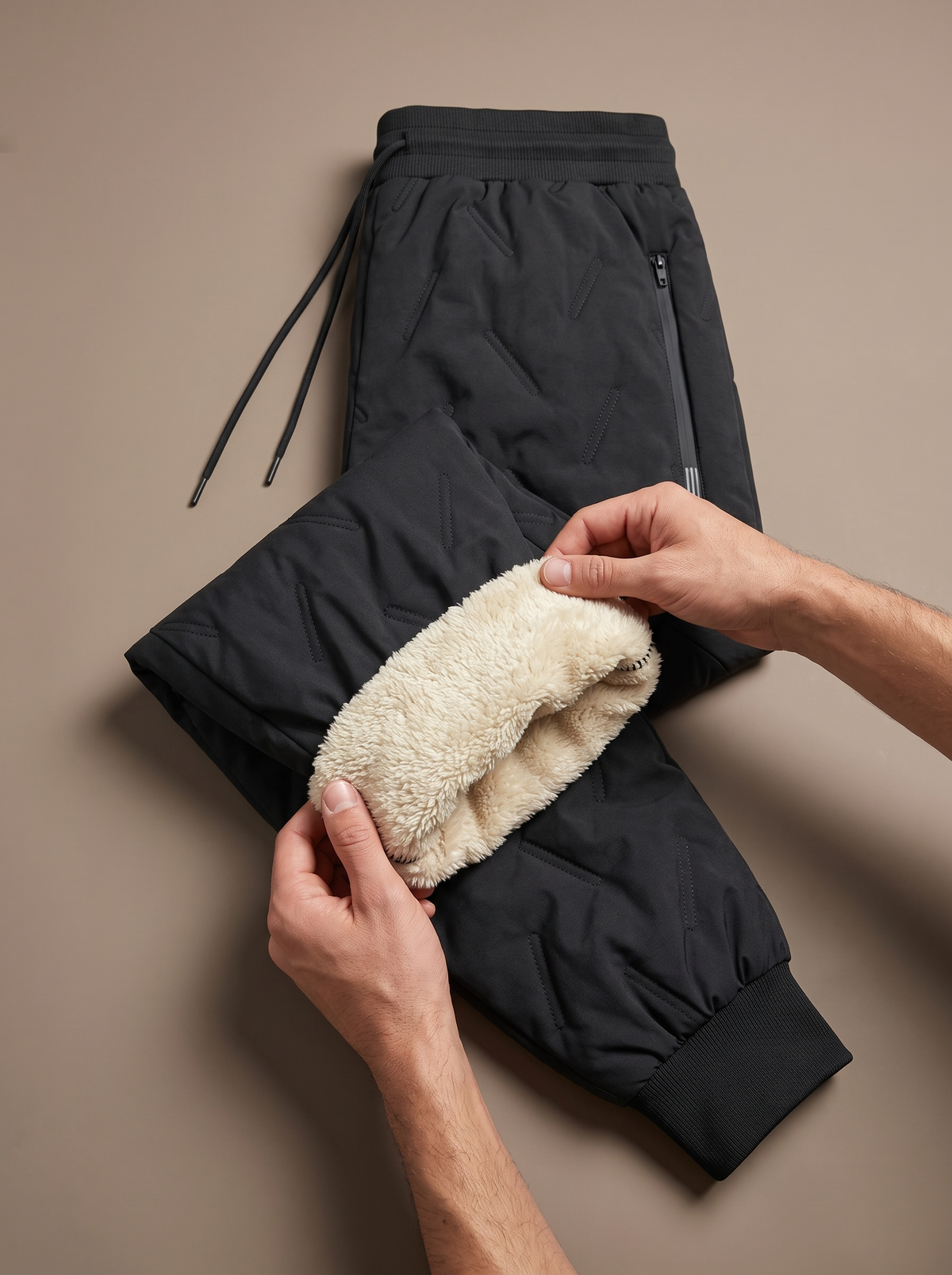 Black quilted trouser folded open at the thigh by two hands to show the thick cream sherpa lining