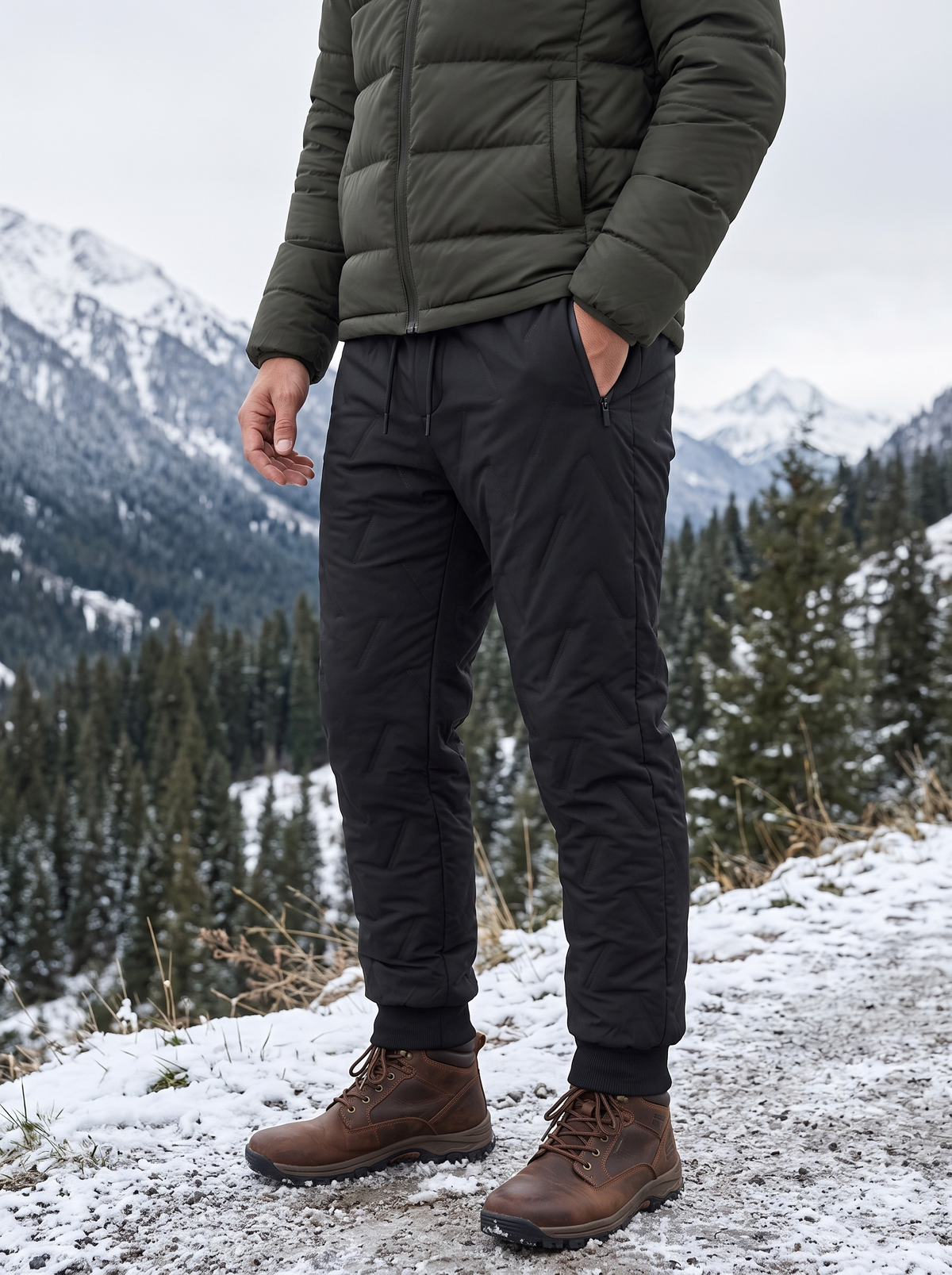 Black quilted sherpa-lined trouser worn with a green insulated jacket and walking boots on a snowy trail viewpoint with pine forest
