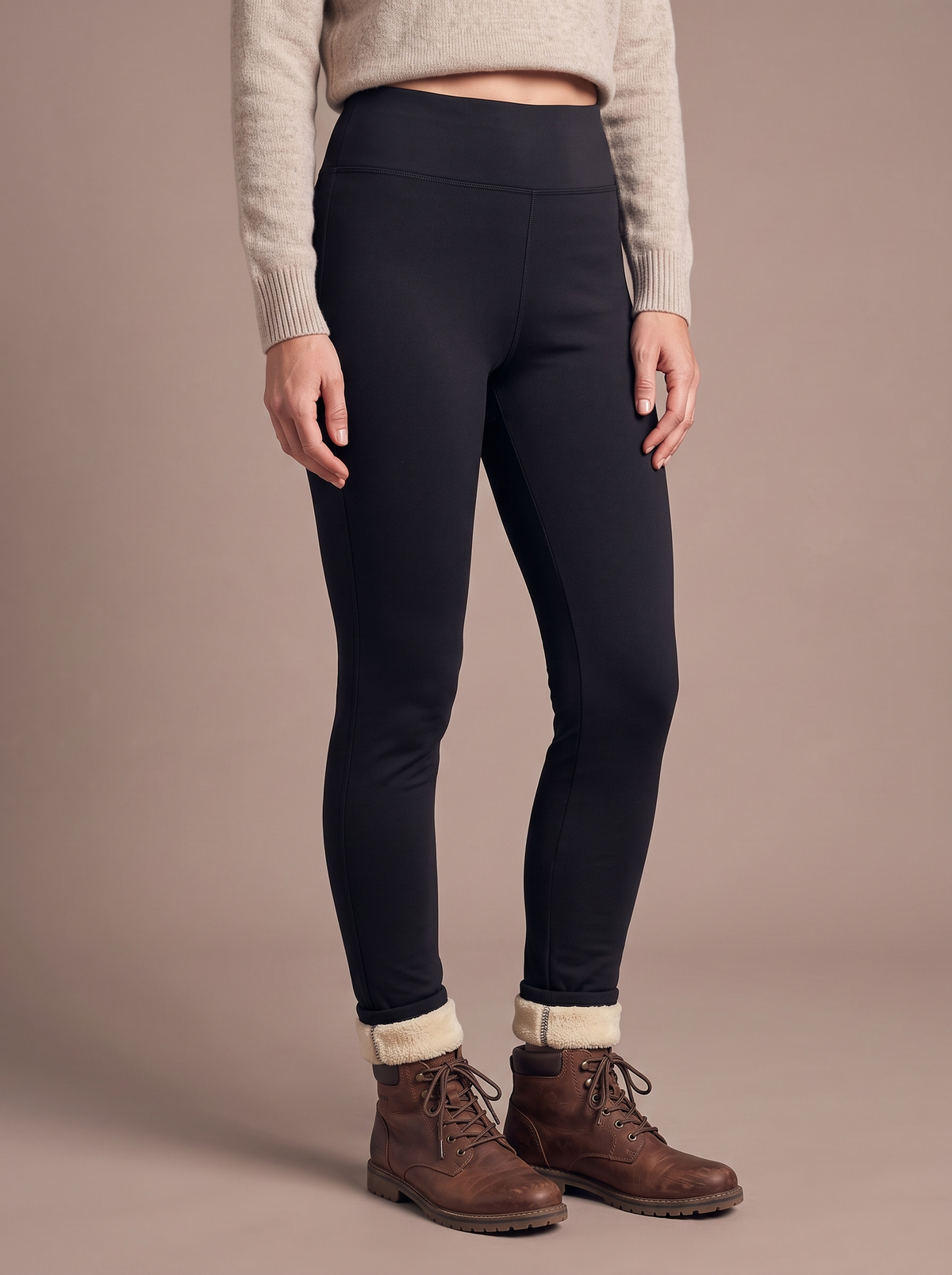 Woman wearing the black high-waist sherpa-lined legging with a plain waistband, ankles turned up to show the cream lining above brown walking boots, waist to shoes