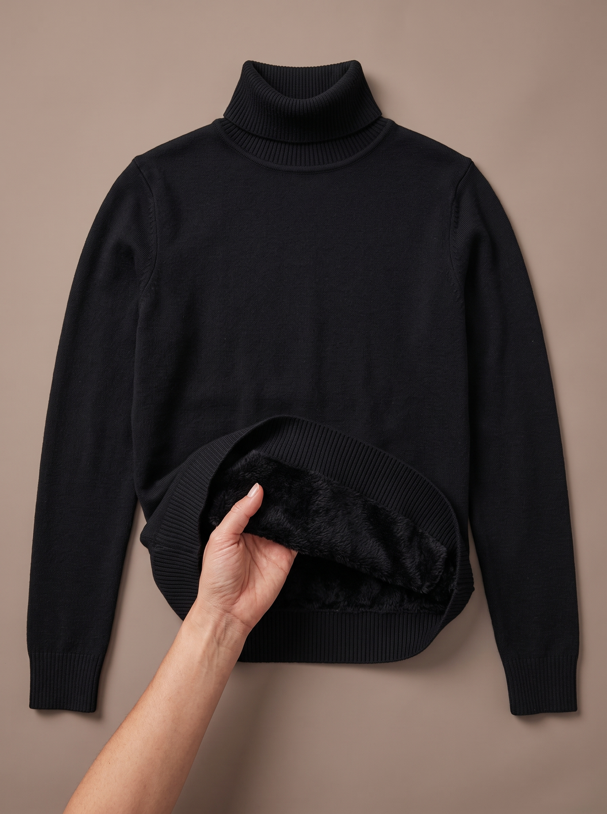 Hand folding back the ribbed hem of the black knit turtleneck, laid flat, to show the thick black plush lining
