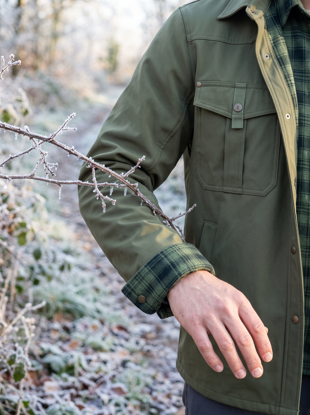Smooth army green outer of the shirt jacket brushing past a frosty bramble on a woodland path, cuff turned back to show the green plaid flannel lining