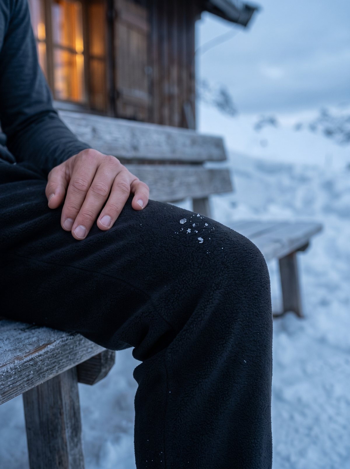 Frost crystals on the black double-face fleece at the knee of the jogger, worn sitting on a frosty bench outside a mountain hut at dusk