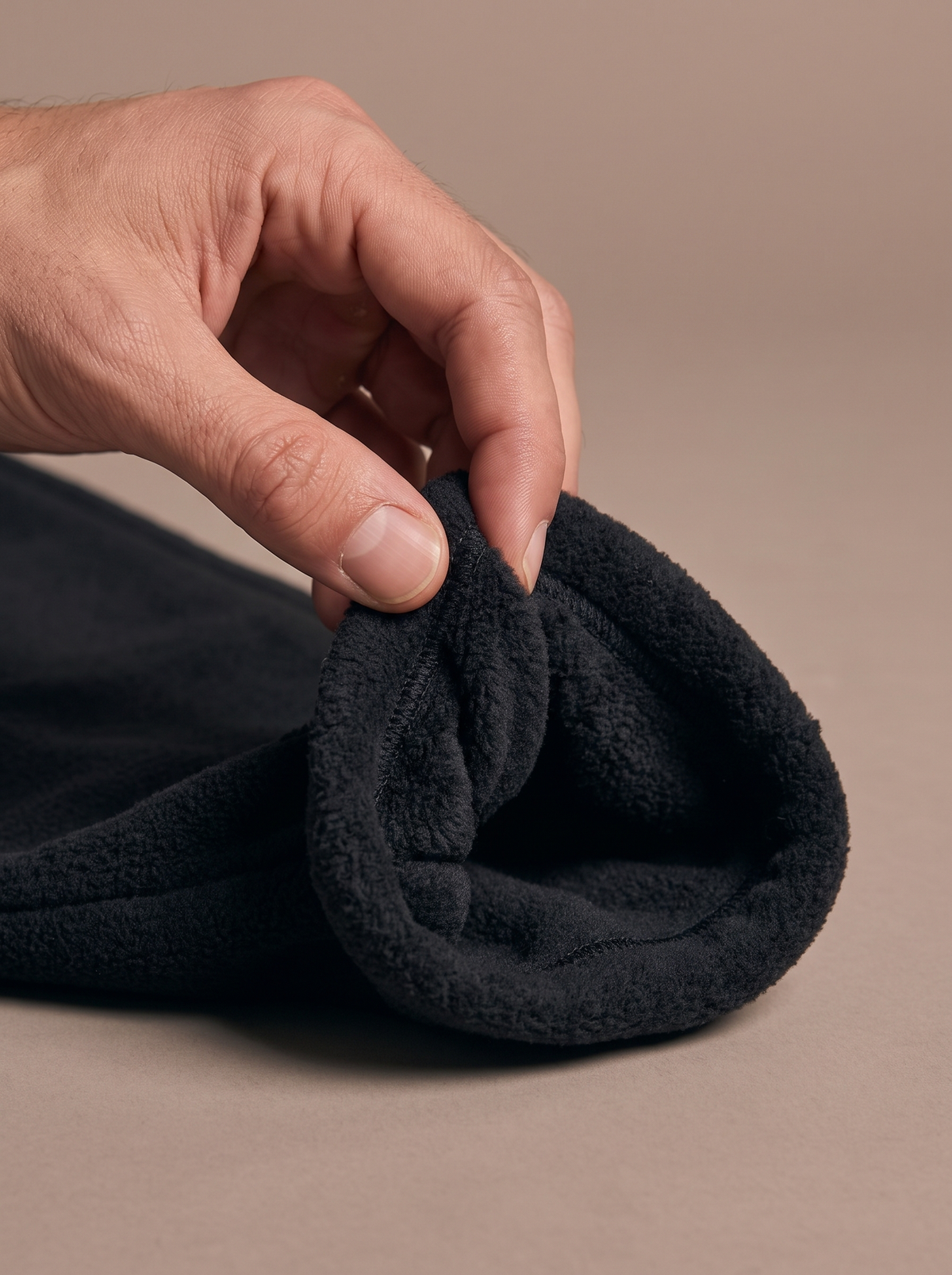 Hand pinching a fold of the black double-face polar fleece, the same brushed pile on both faces and the fleece thickness at the fold