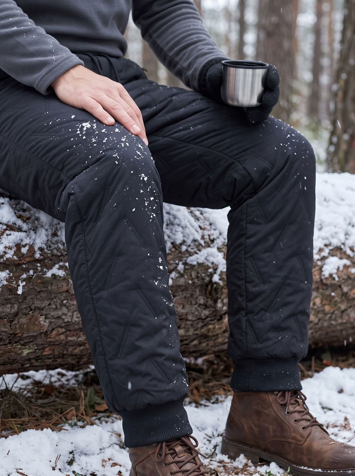 Snowflakes resting on the black wave-quilted outer of the trouser during a rest stop on a snowy log, ribbed cuffs closed over brown boots