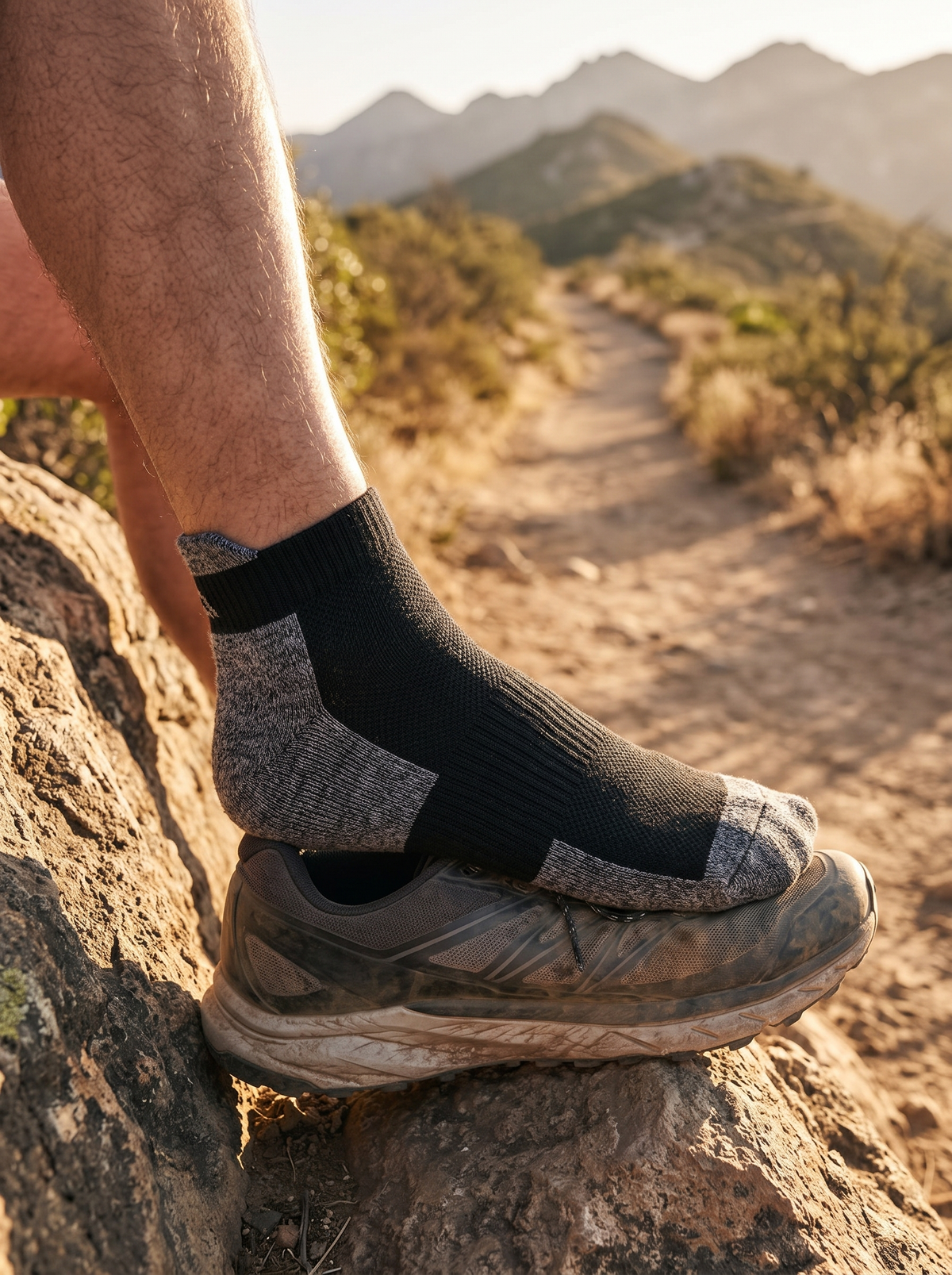 Black knit sock with a grey cushioned heel and toe, worn at the end of a long dry mountain trail