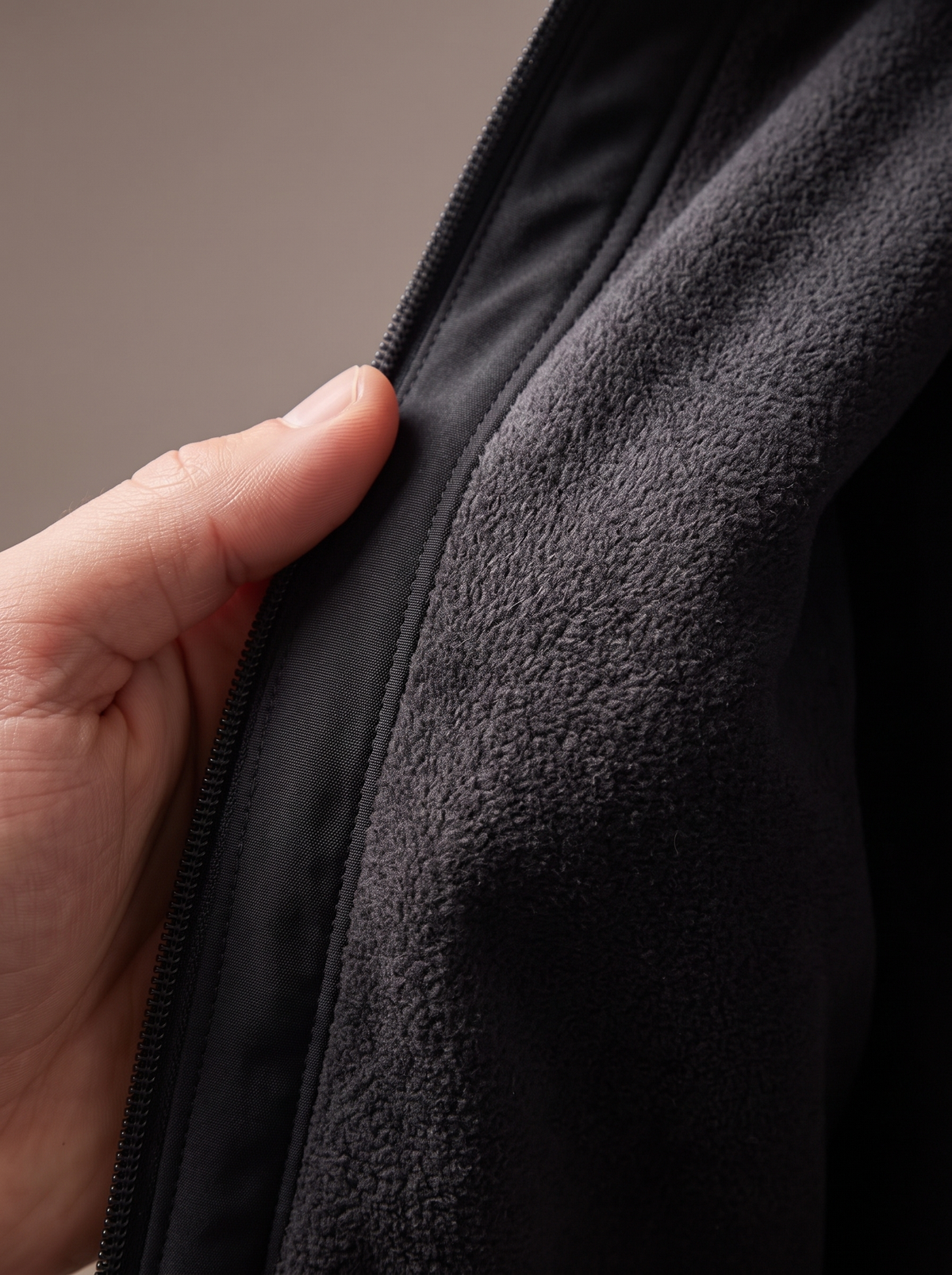 Close-up of the black softshell front edge folded back, showing the smooth windproof outer face and the brushed fleece inner face