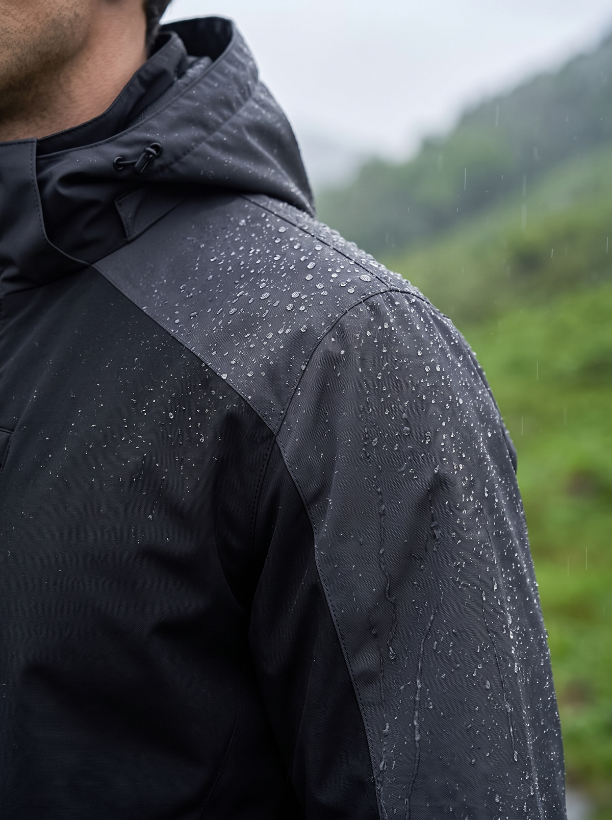Rain beading and running off the shoulder and sleeve of a black and charcoal hooded rain shell on a wet hillside