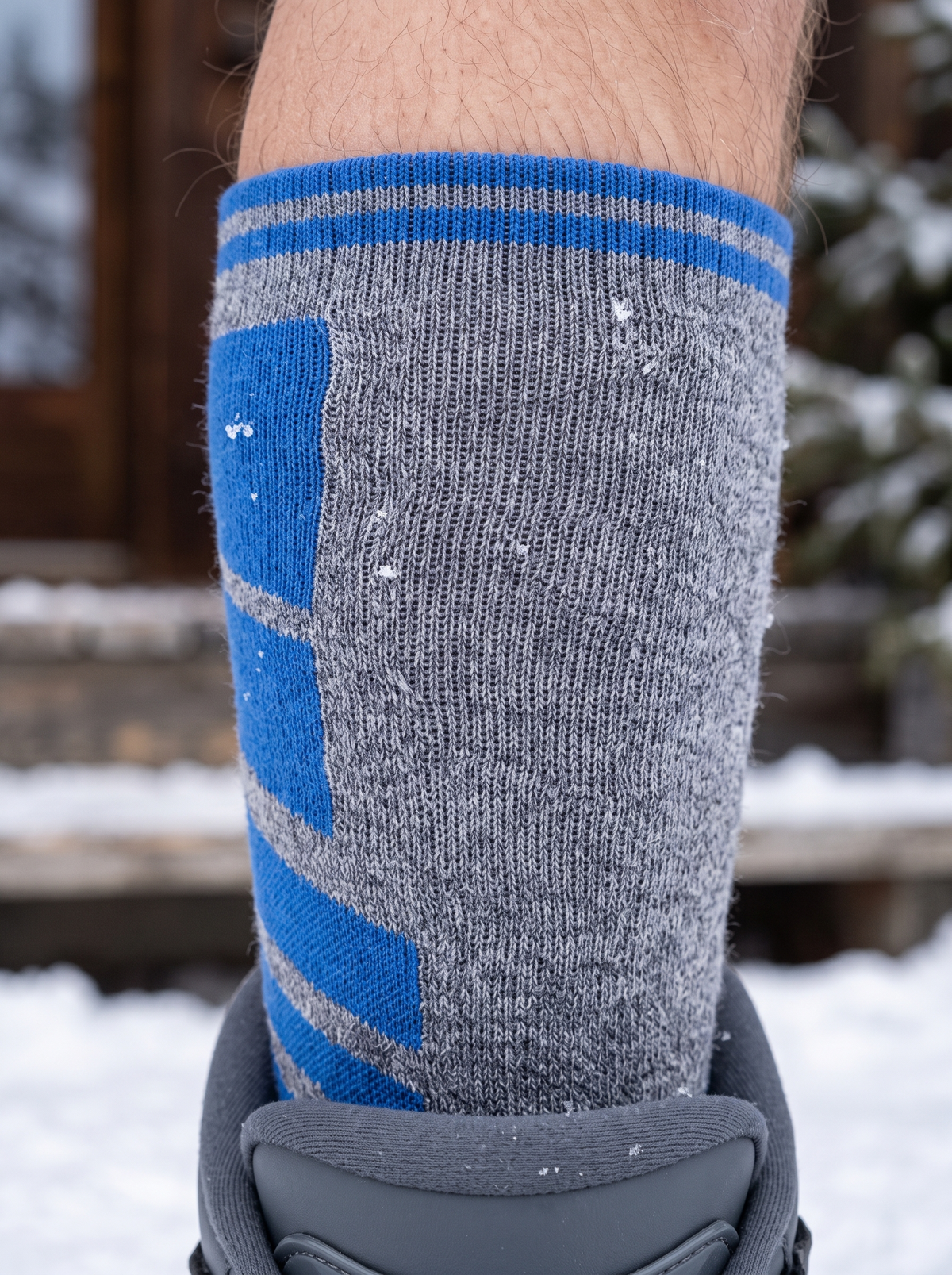 Grey and cobalt blue ski-weight knit sock rising above the collar of a stiff ski boot, snowflakes on the knit
