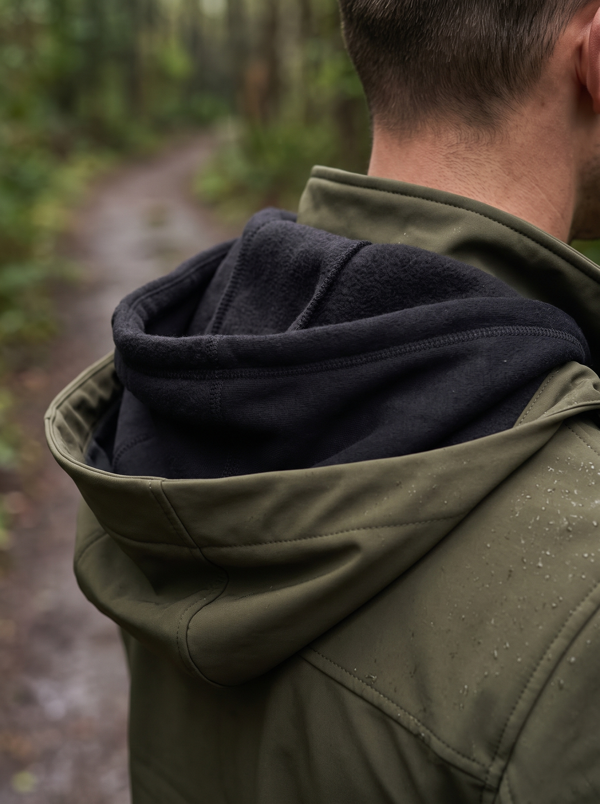 Black brushed fleece hood tucked inside the hood of a damp rain shell on a wet woodland path, adding warmth under the shell