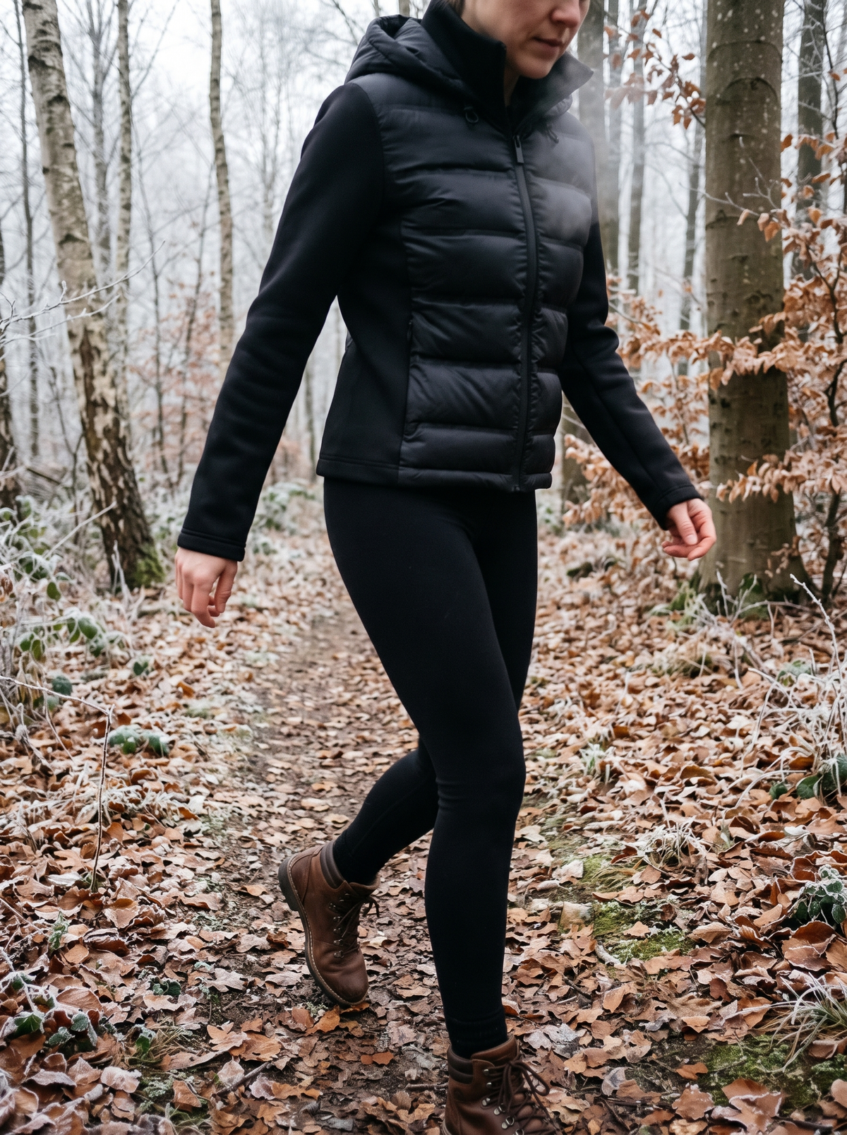 Woman walking a frosty forest trail in the black hybrid puffer jacket
