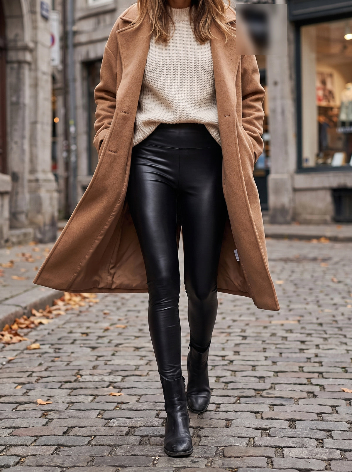 Black faux leather look legging with a camel coat on a cobbled city street in autumn