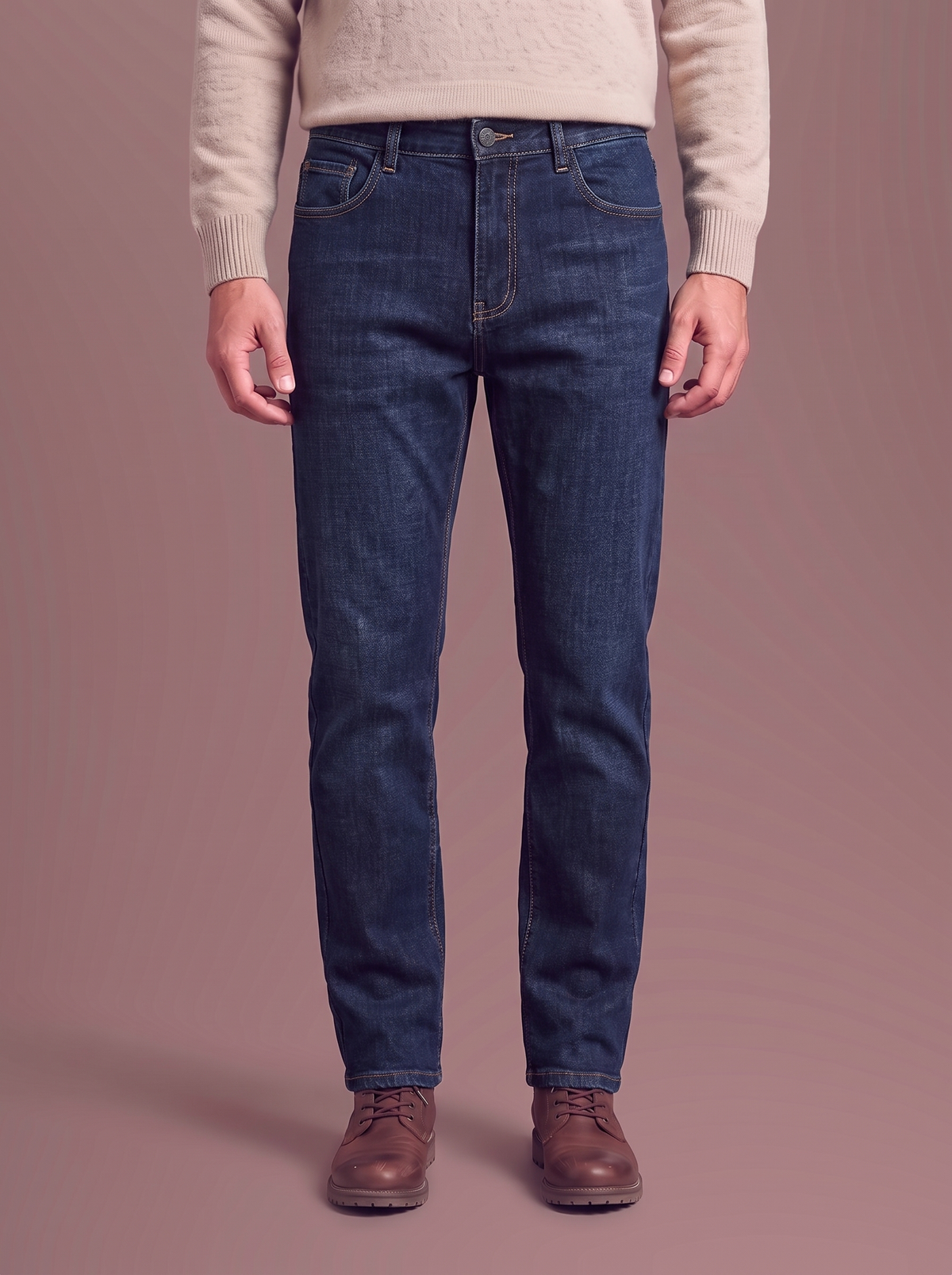 Men's blue plush lined jeans, studio view