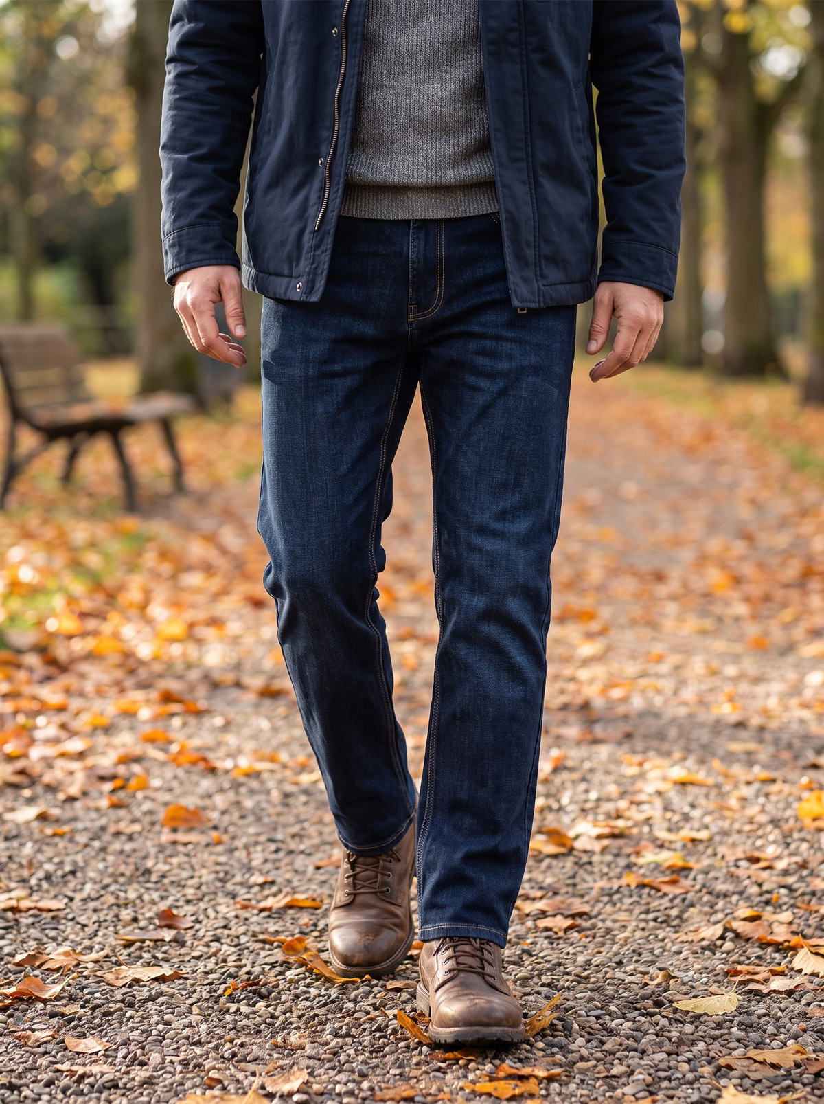 Blue plush lined jeans worn on an autumn park walk