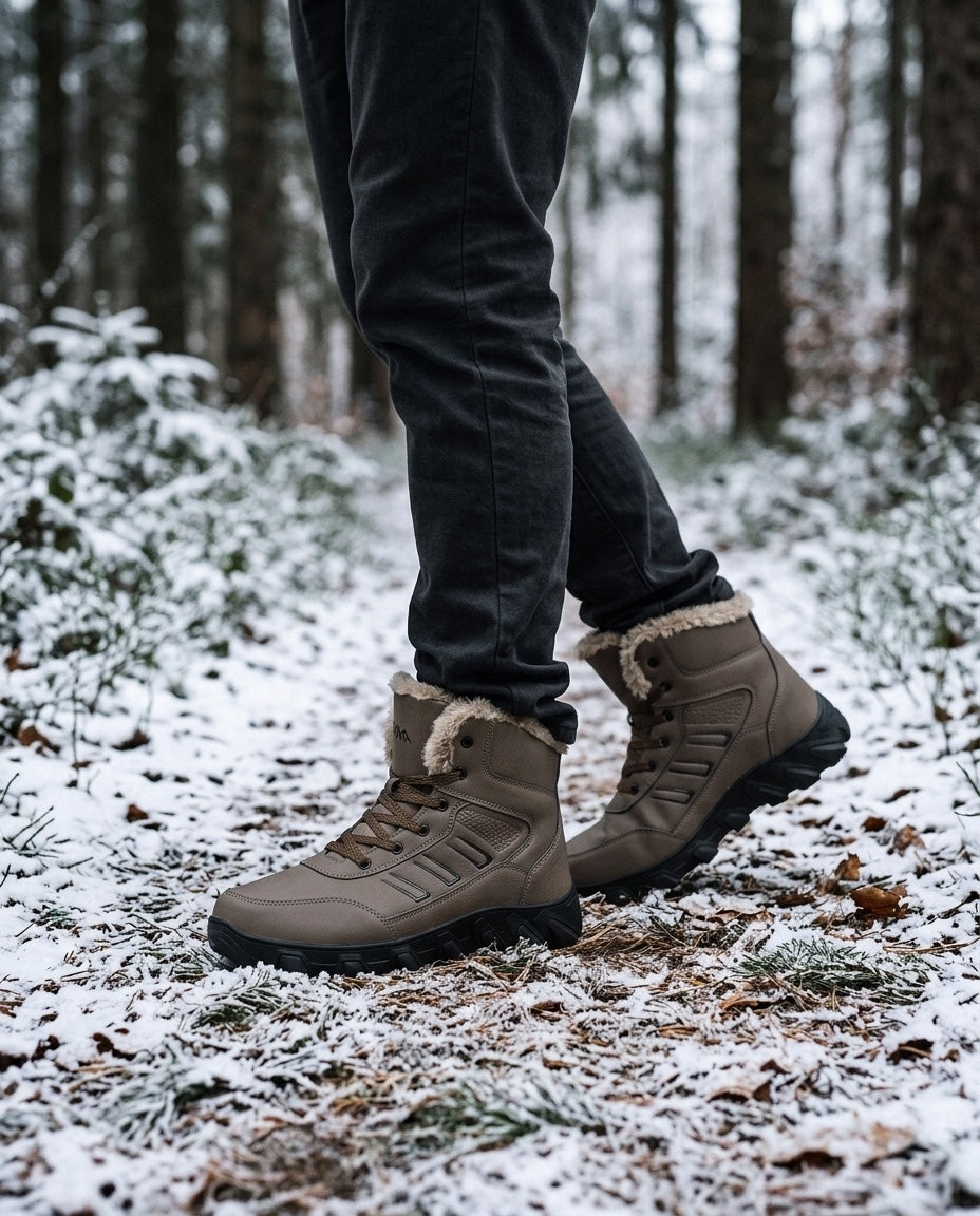 Brown plush-collar ankle boots worn on a snow-dusted forest path
