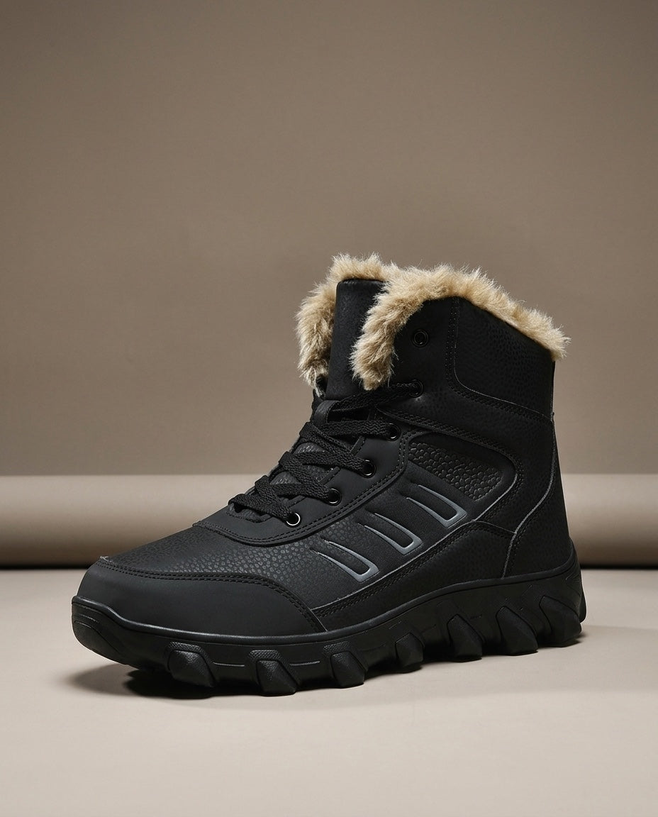 The Lodge Boot in black, lace-up ankle boot with plush collar, studio