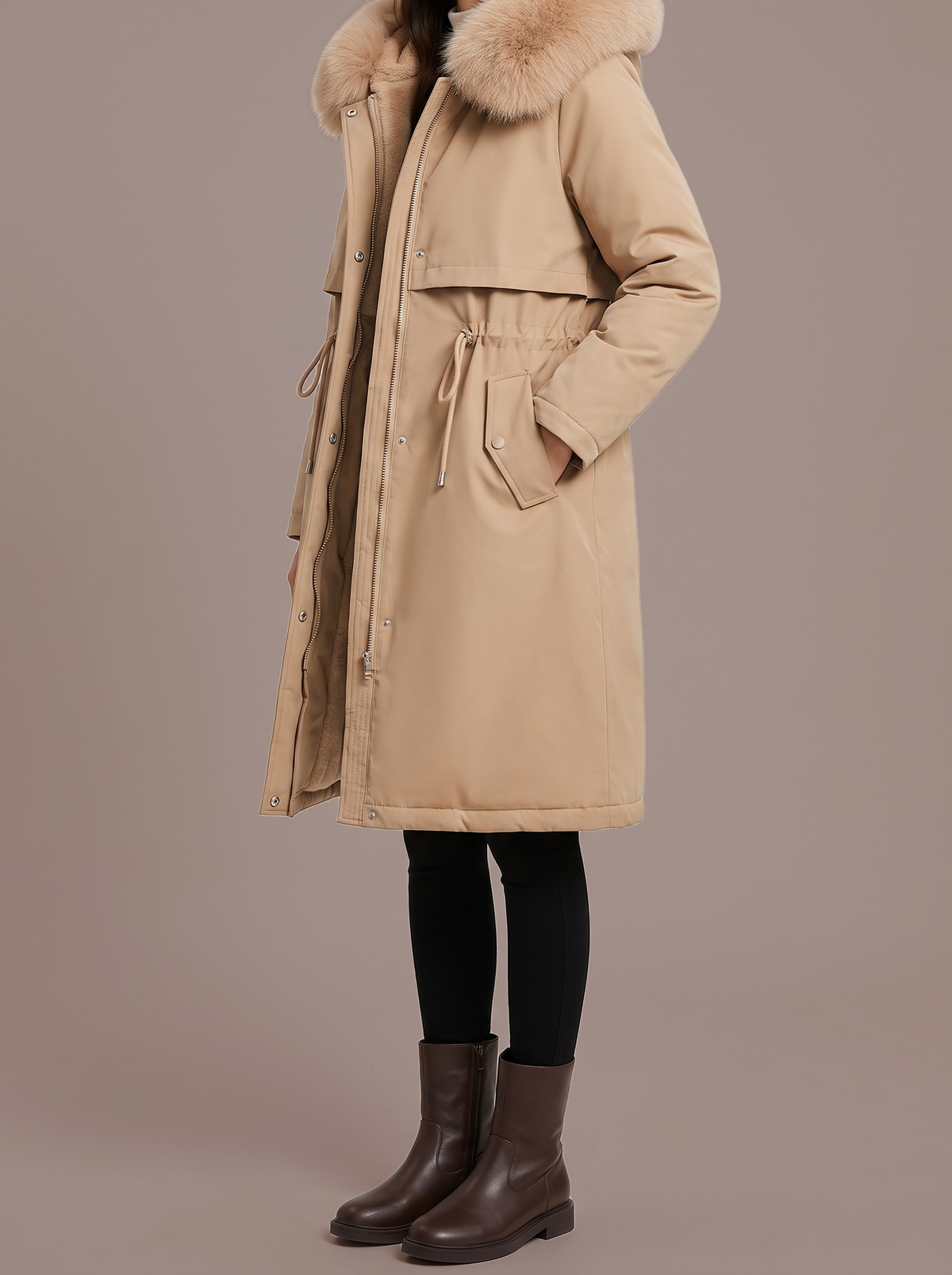 Women's long camel parka with faux-fur hood trim, studio view