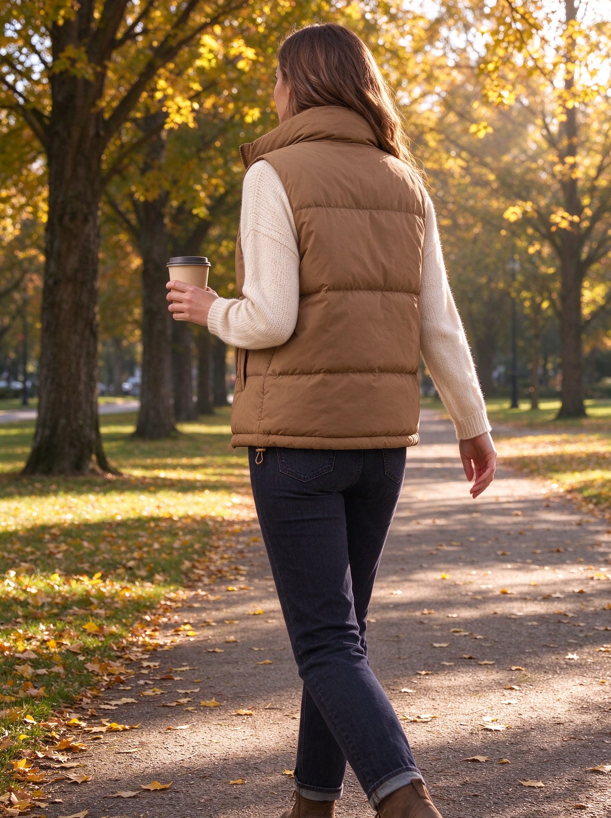 Woman in the camel quilted vest walking through a park in autumn