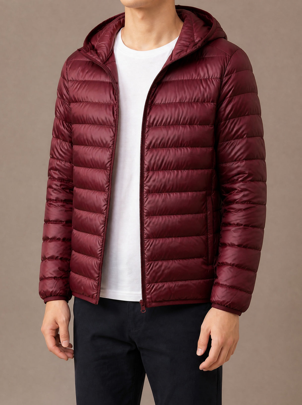 Burgundy hooded packable down jacket for men, studio view