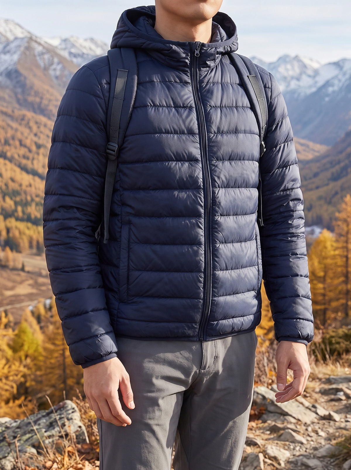 Man on an autumn mountain trail in the navy packable down jacket with a daypack