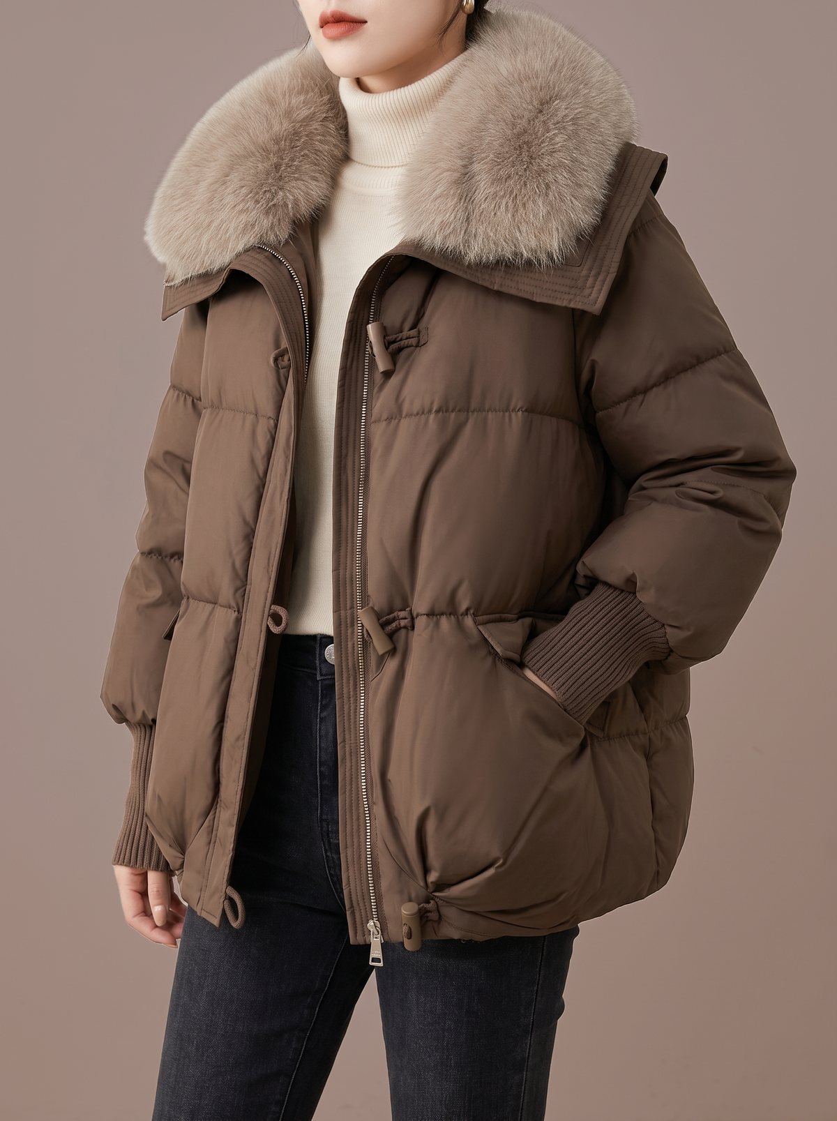 Women's coffee-brown short padded jacket with a taupe plush collar, hip length, studio view
