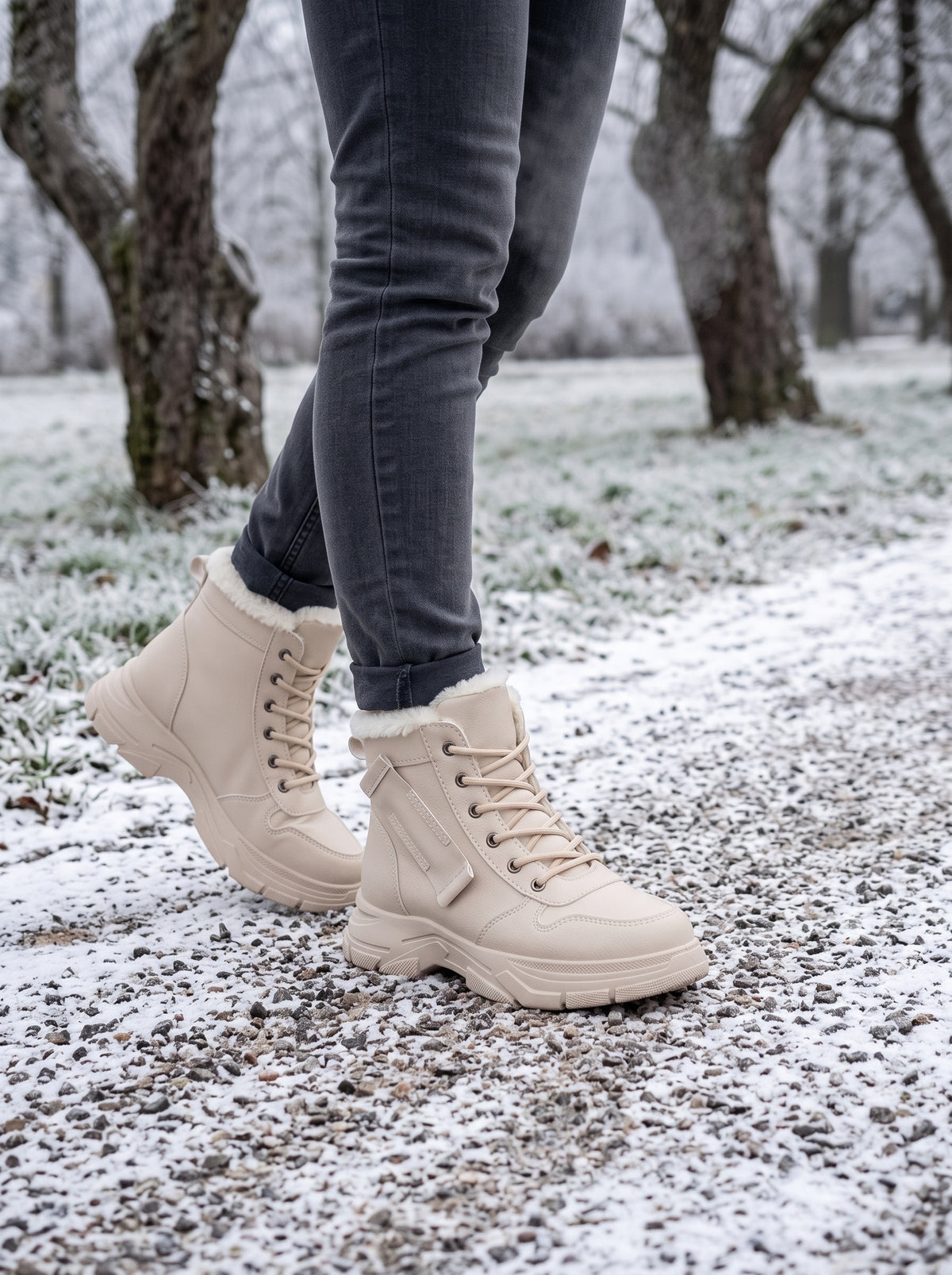 Beige plush-collar ankle boots worn on a snow-dusted park path