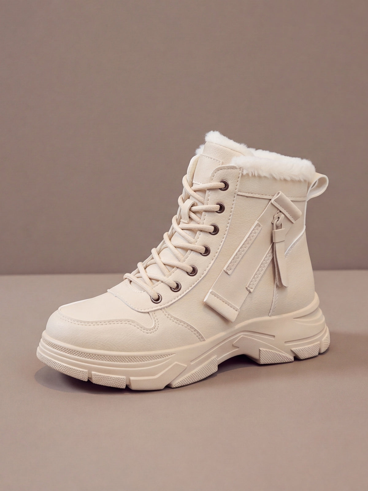 The Plush Boot Women in beige, lace-up ankle boot with plush collar, studio
