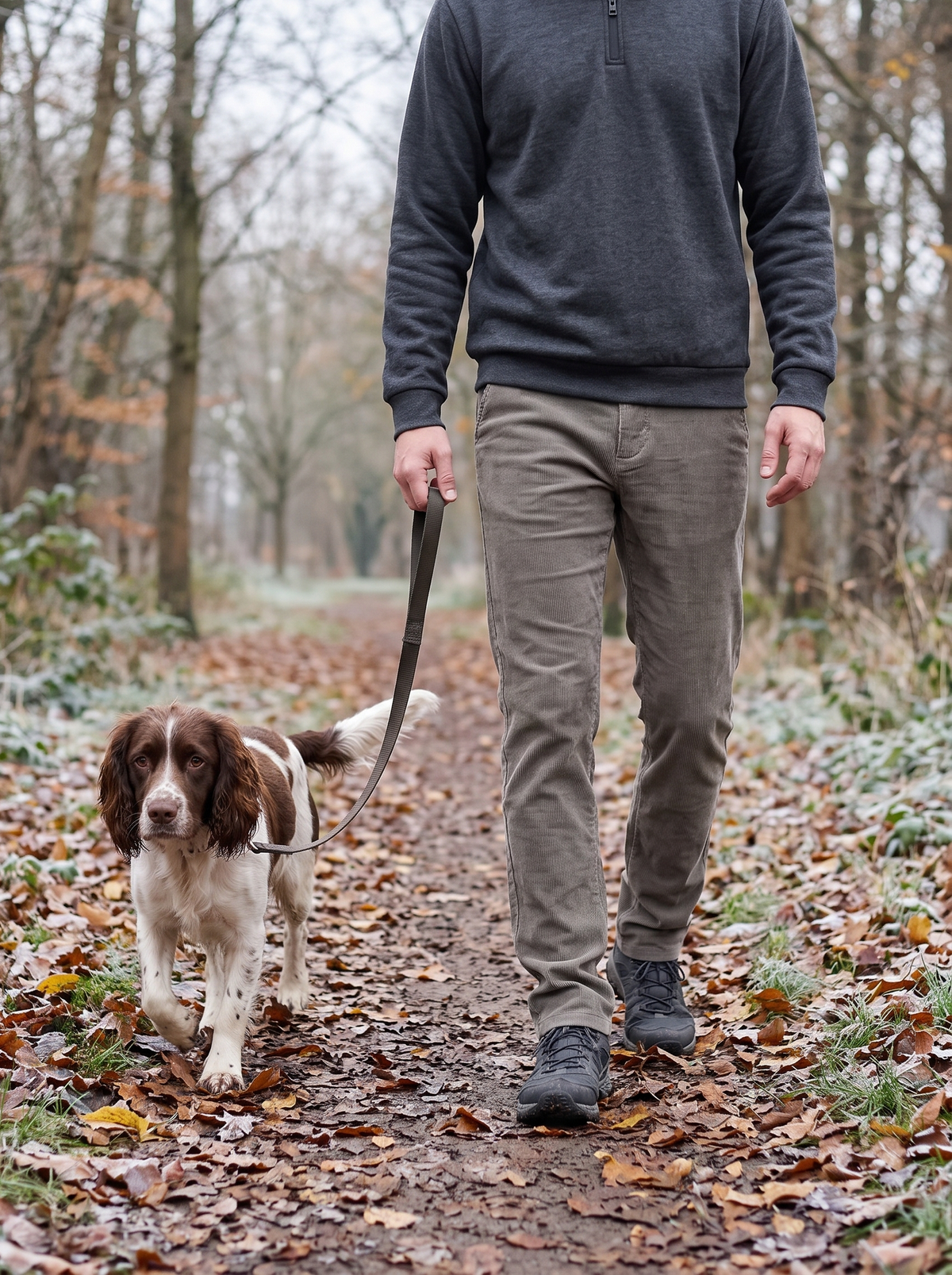 Khaki plush-lined corduroy trousers on an autumn dog walk in the park