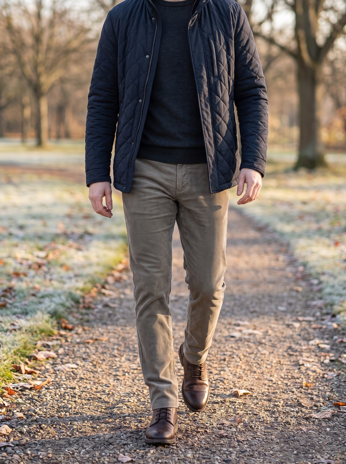 Khaki plush-lined corduroy trousers on a frosty park walk