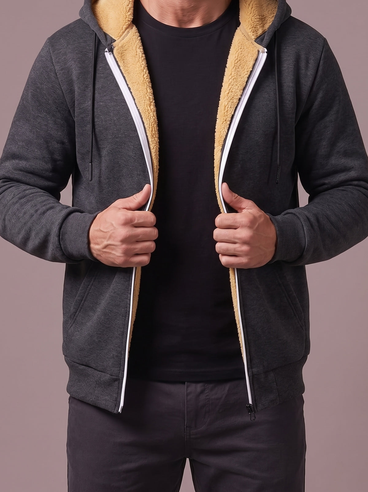 Men's dark grey plush-lined zip hoodie, studio view, worn open