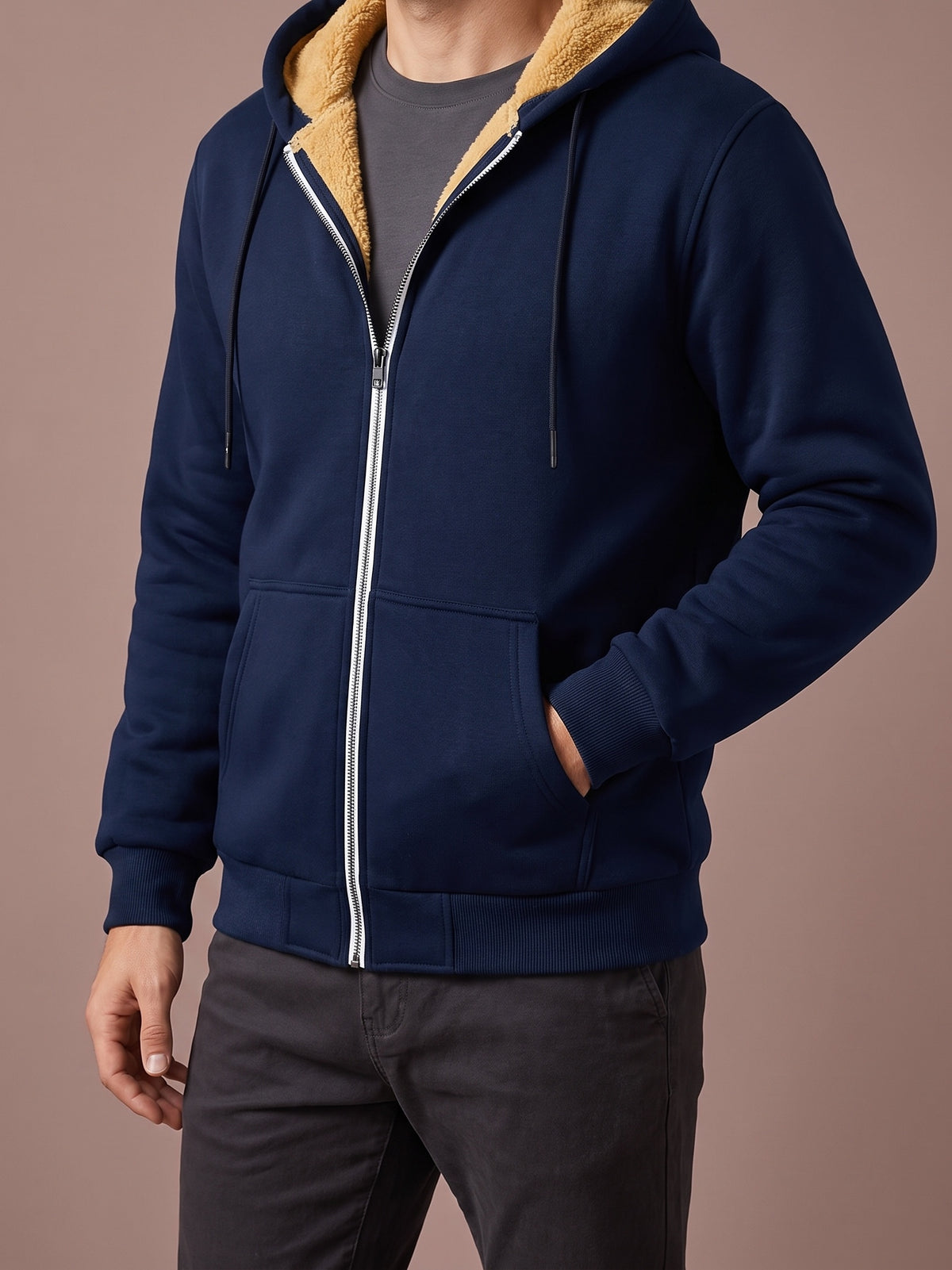 Men's navy plush-lined zip hoodie, studio view, open at the front