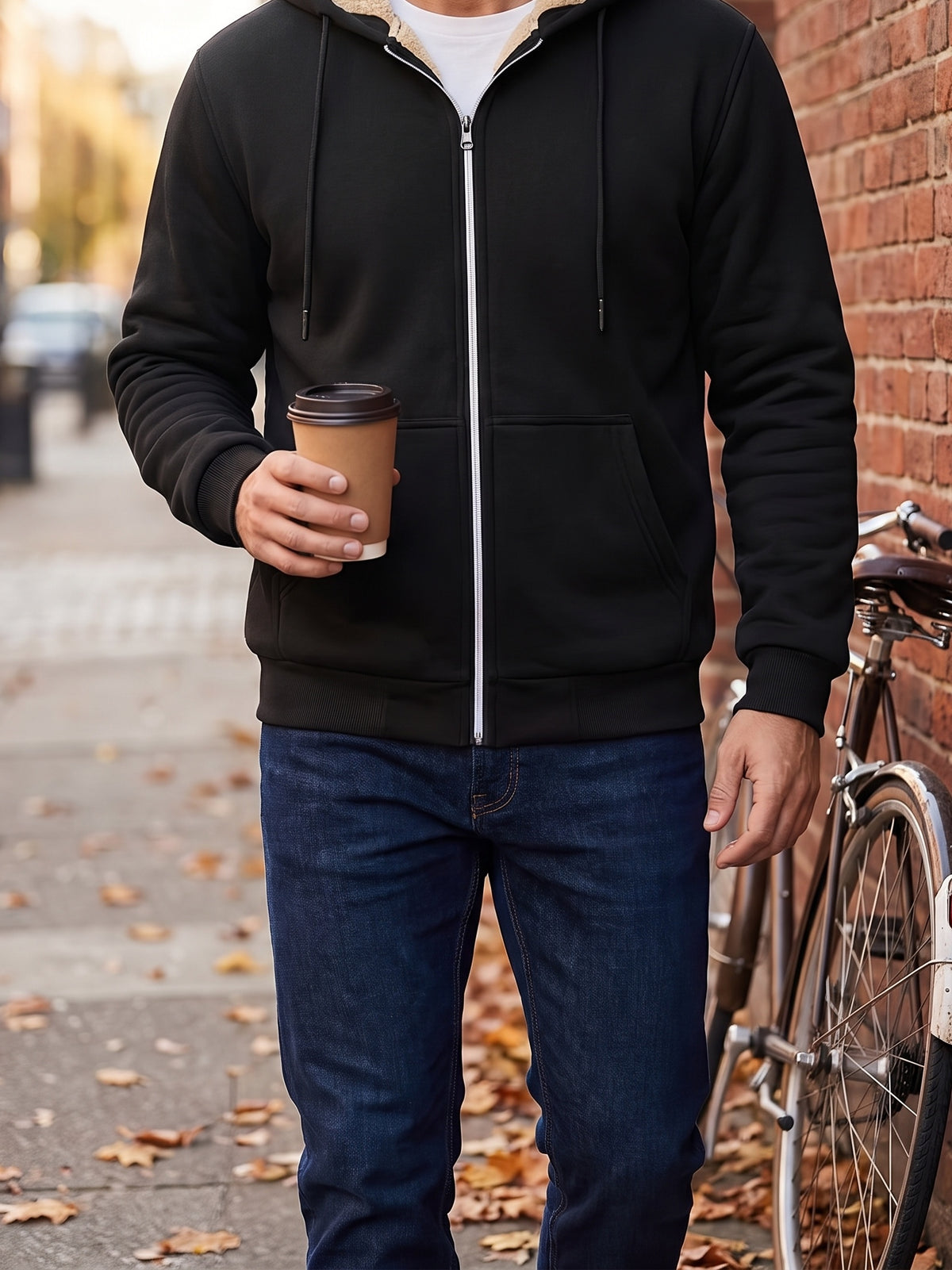 Black plush-lined zip hoodie on a city street in autumn
