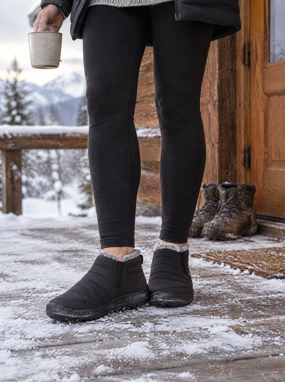 Black quilted slip-ons on a snowy cabin porch, hiking boots by the door