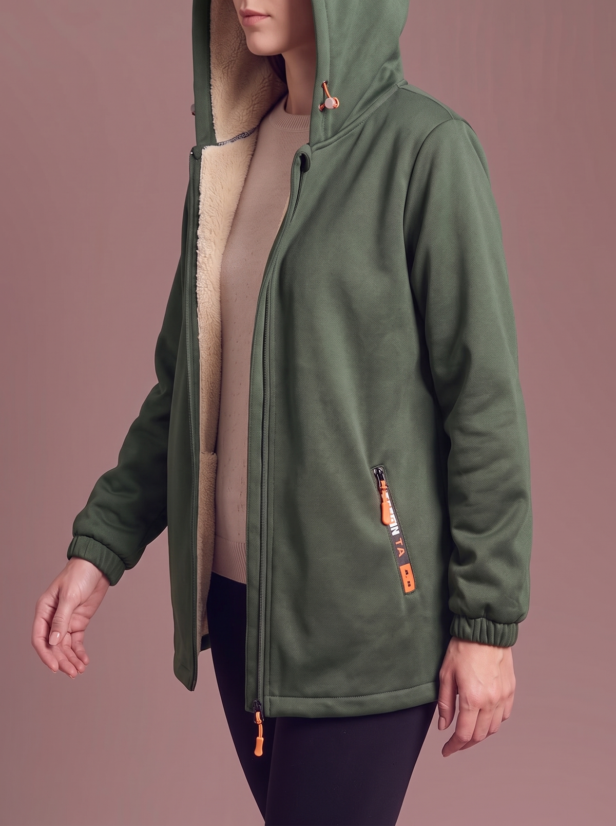 Women's army green hooded zip jacket, open to show the sherpa lining