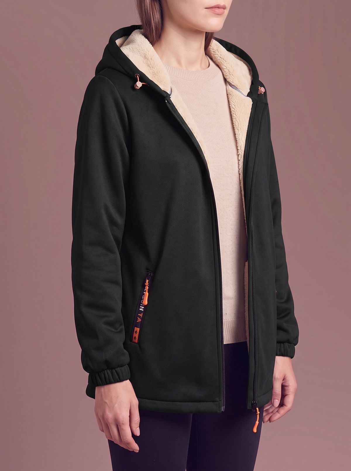 Women's black hooded zip jacket, open to show the sherpa lining