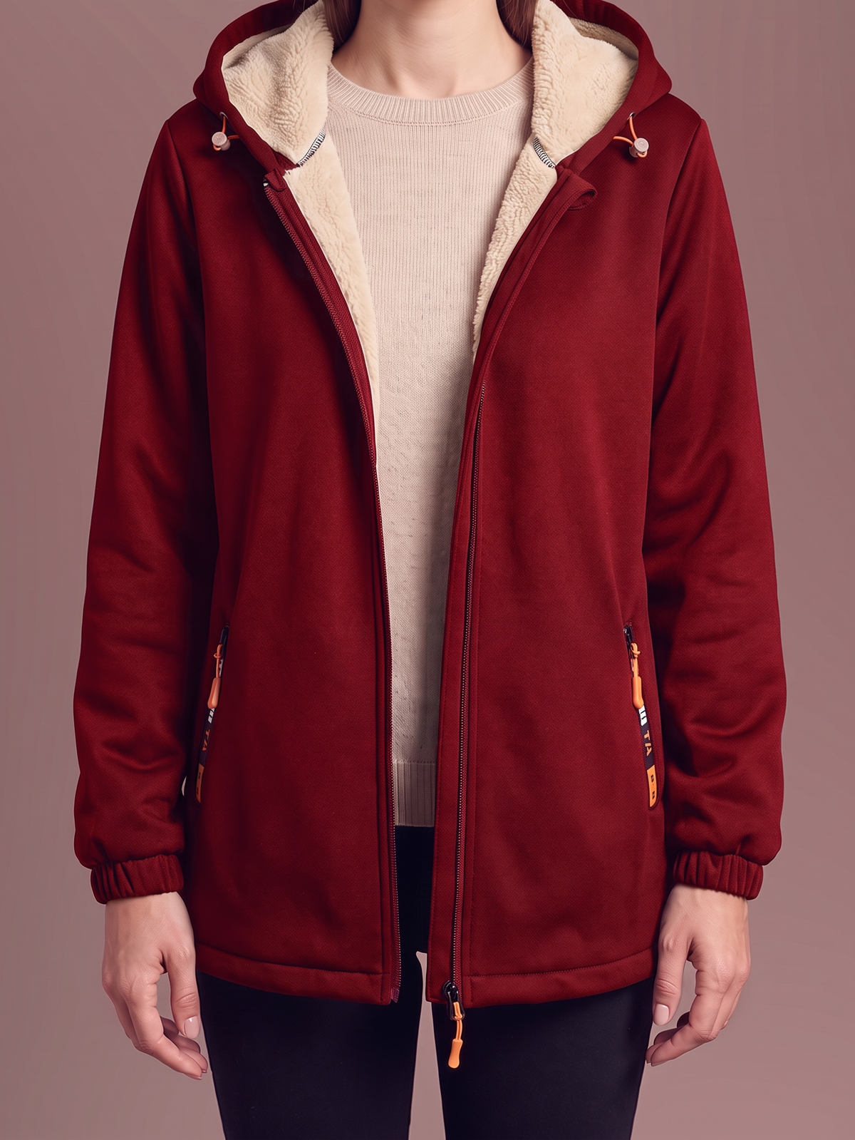 Women's burgundy hooded zip jacket, open to show the sherpa lining