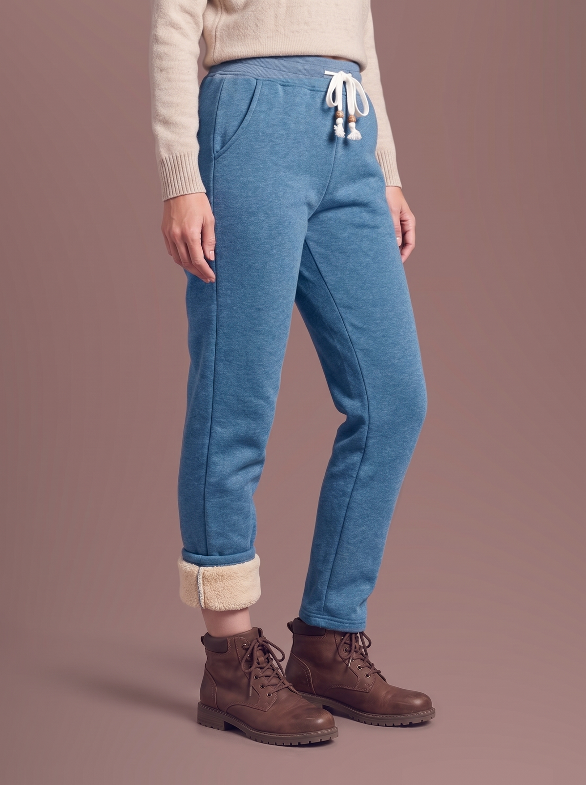 Women's blue grey sherpa-lined joggers, side view
