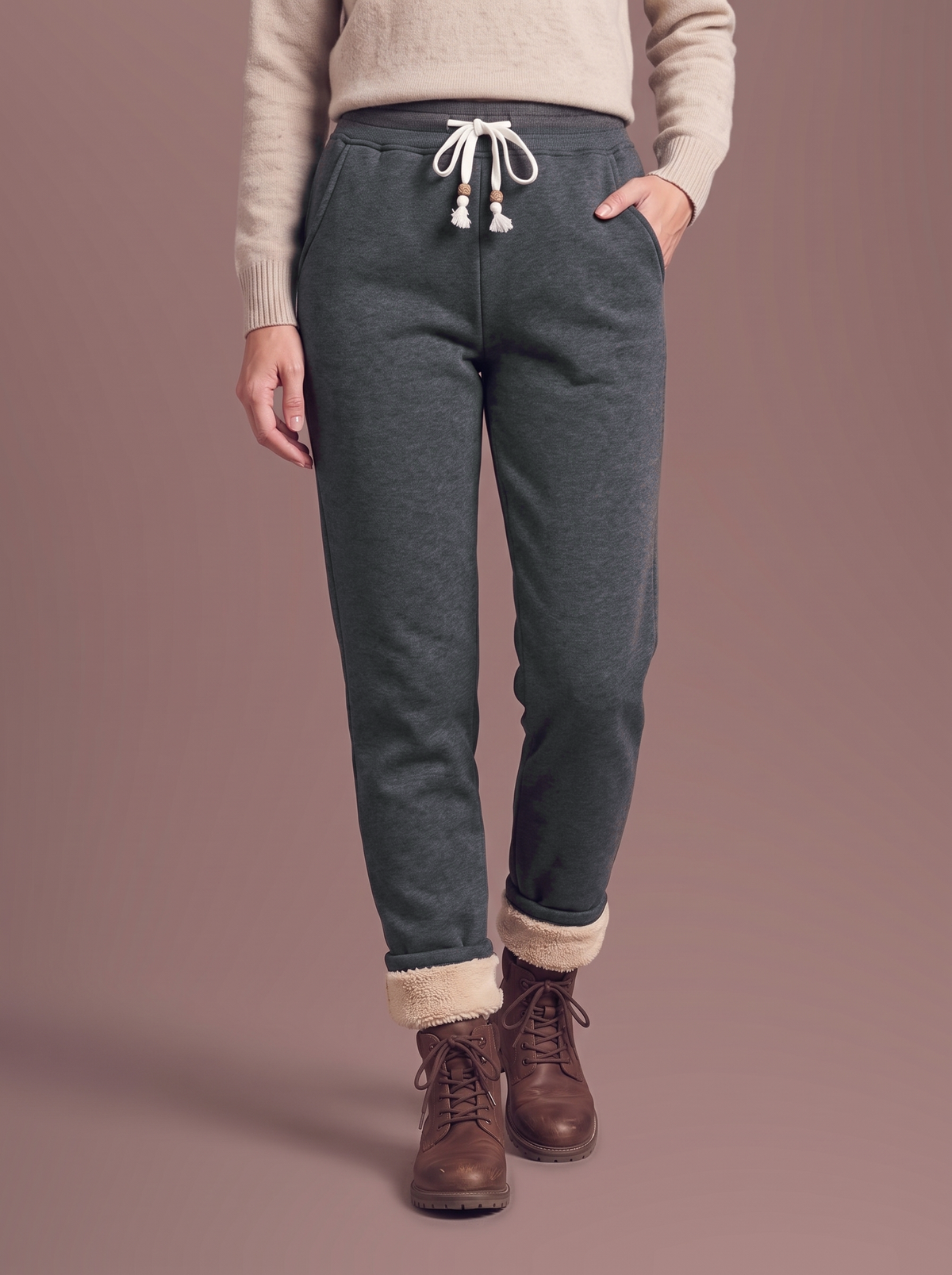 Women's dark grey sherpa-lined joggers, hand in pocket