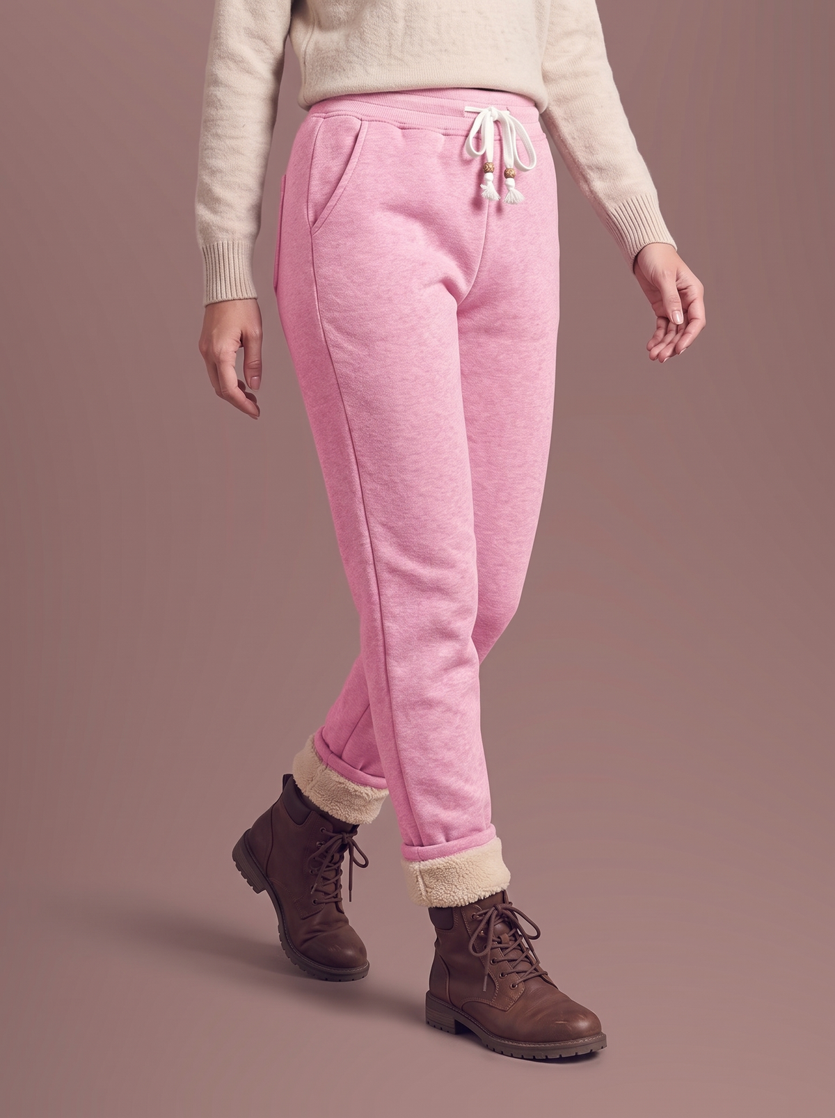 Women's pink sherpa-lined joggers, walking