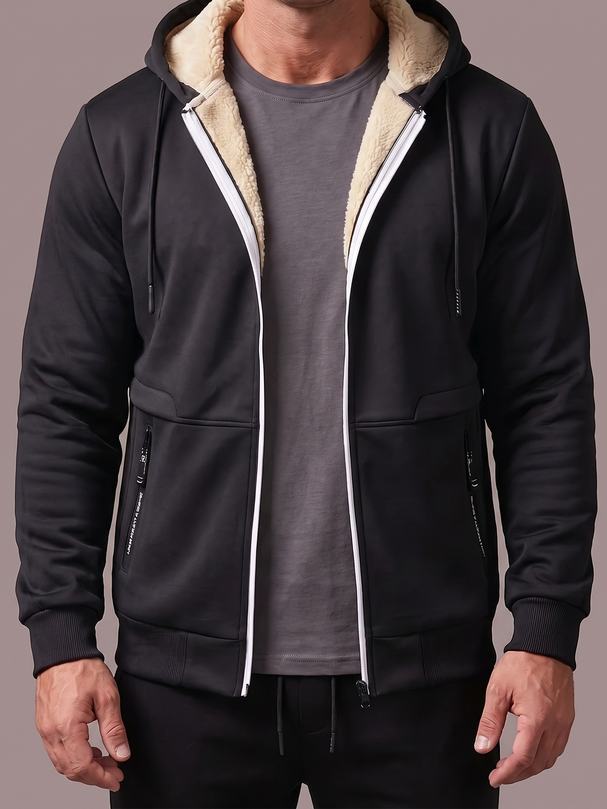 Men's black sherpa-lined zip hoodie, open to show the lining