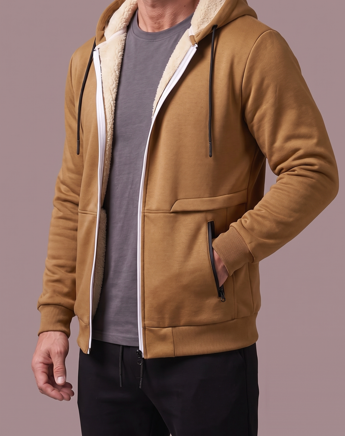 Men's camel sherpa-lined zip hoodie, studio view