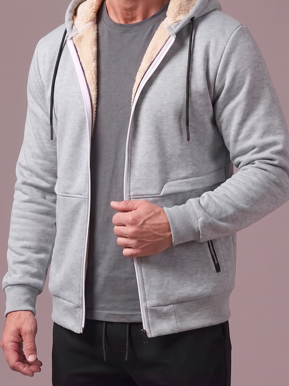 Men's grey sherpa-lined zip hoodie, open to show the lining