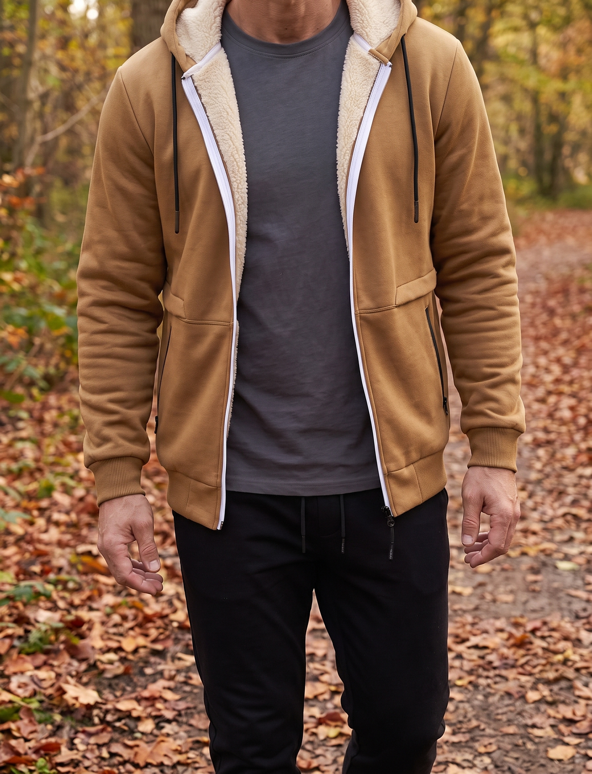 Camel sherpa-lined zip hoodie worn open
