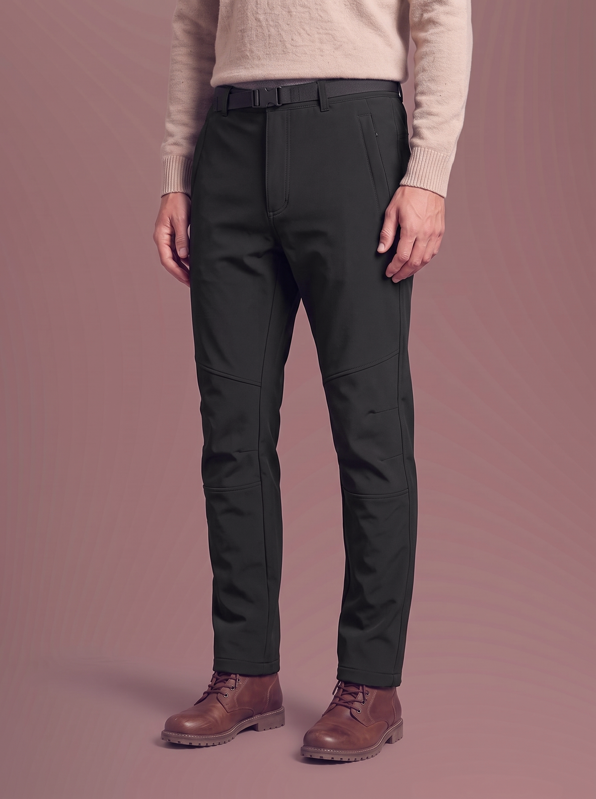 Men's black fleece-lined softshell trousers, studio view