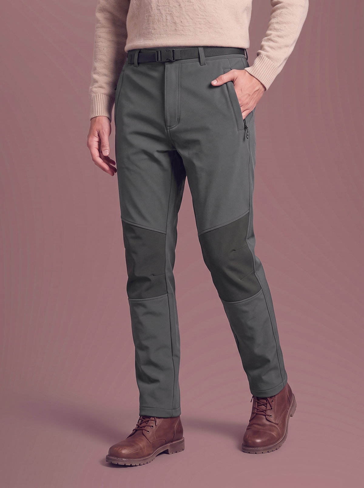 Men's grey fleece-lined softshell trousers, studio view