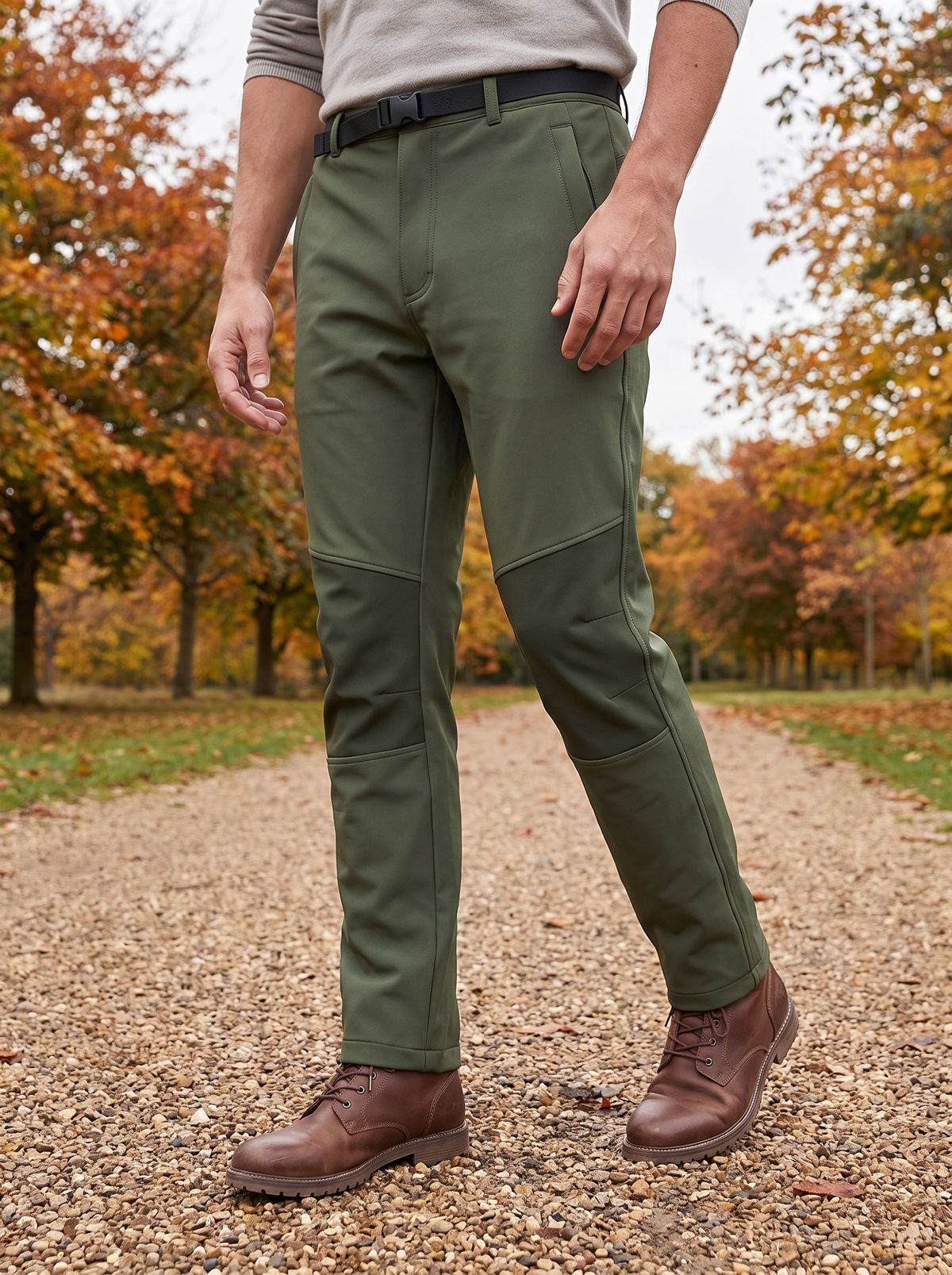 Green softshell trousers worn on a park path