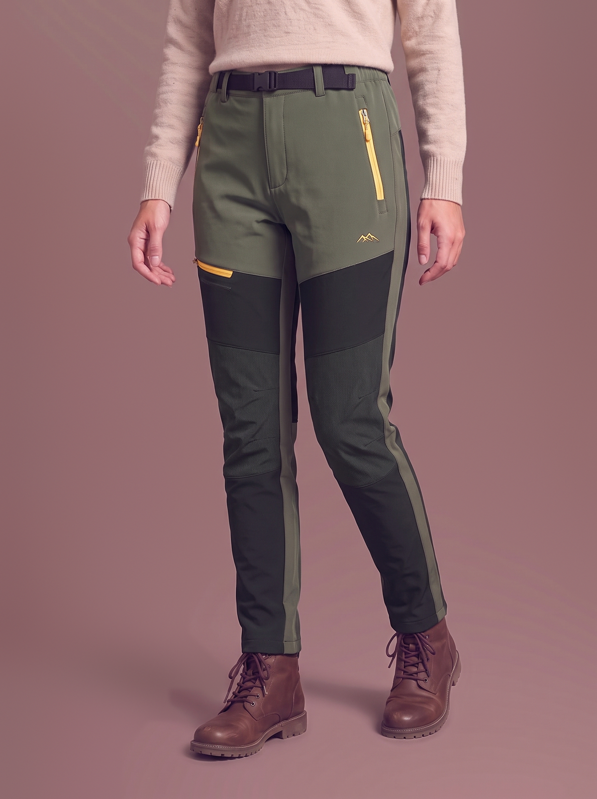 Women's army green colour-block softshell trousers, studio view
